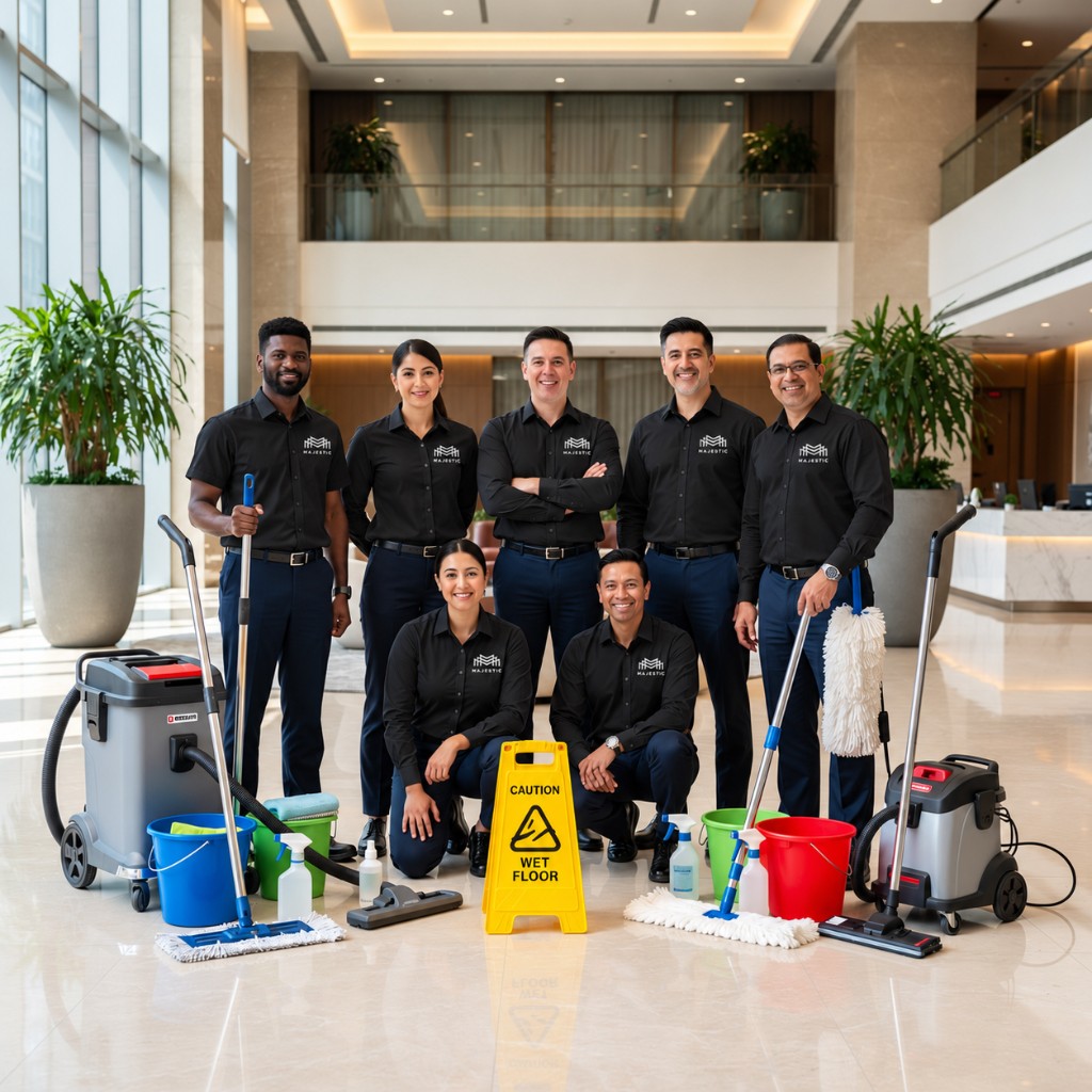 Majestic team in uniform with cleaning equipment in a building lobby