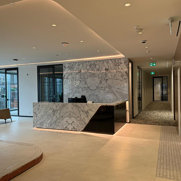 Commercial building reception desk and lobby