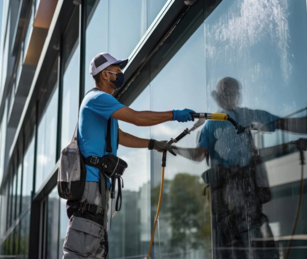 Window cleaning on a commercial building exterior