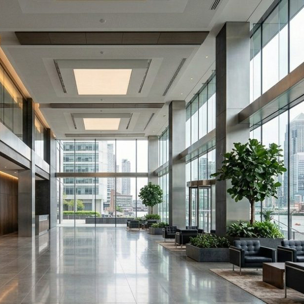 Lobby of a government building with floor-to-ceiling windows