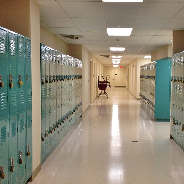 School hallway lined with lockers